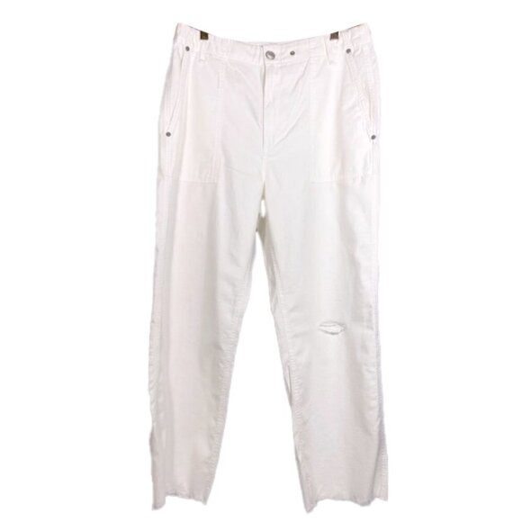 RAG & BONE White Cotton Straight Wide Leg Crop Pants Raw Hem Distressed Pants - Picture 1 of 14